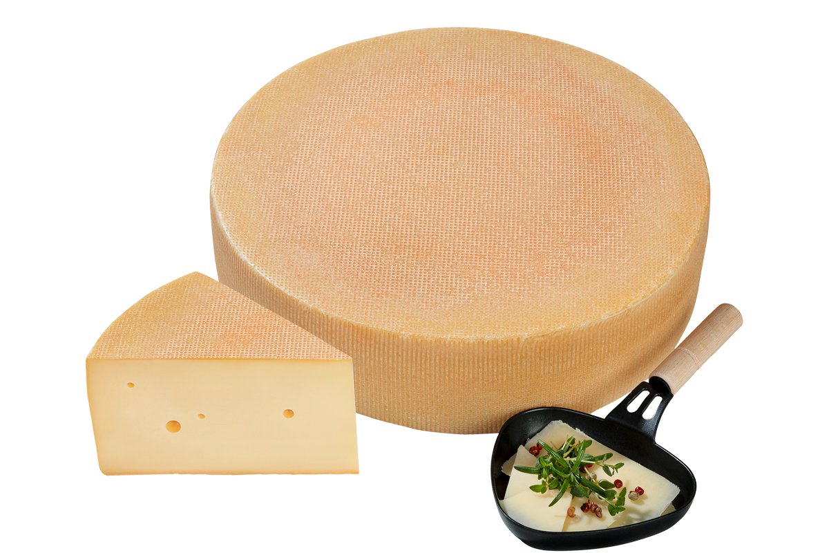 Bio Schnittkäse perfekt geeignet fürs Raclette verziert mit einem Raclettepfännchen
