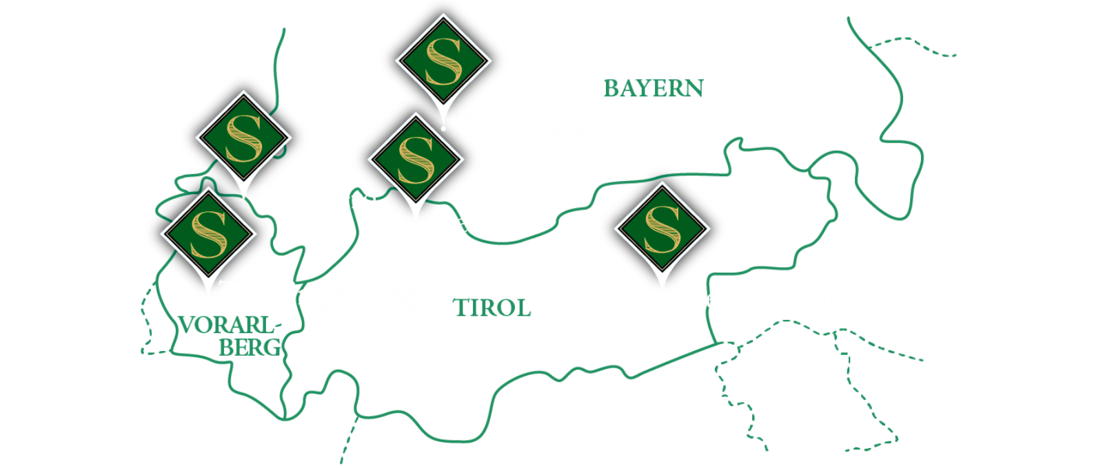 Standorte der Käserebellen: Thüringerberg, Sulzberg, Reutte, Zell am Ziller, Steingaden 